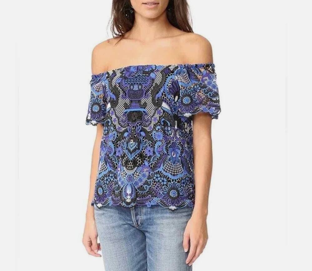 ALICE + OLIVIA Maxie Blue Lace Off Shoulder Top Womens Small Crochet Feminine